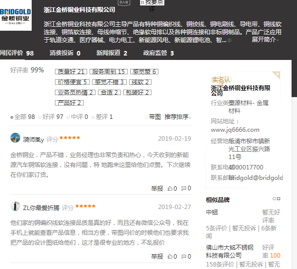 百度口碑中，客戶對金橋銅業(yè)評價